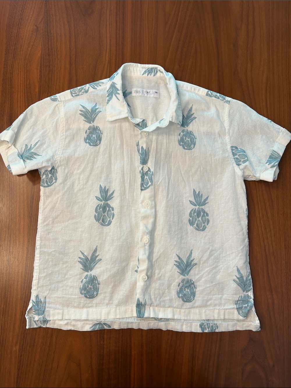Zara White Short-Sleeve Pineapple Print Linen Button-Down Shirt